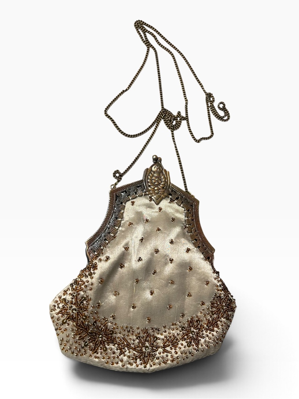 Pure Silk Beaded Evening Bag Ornate Frame & Chain Strap